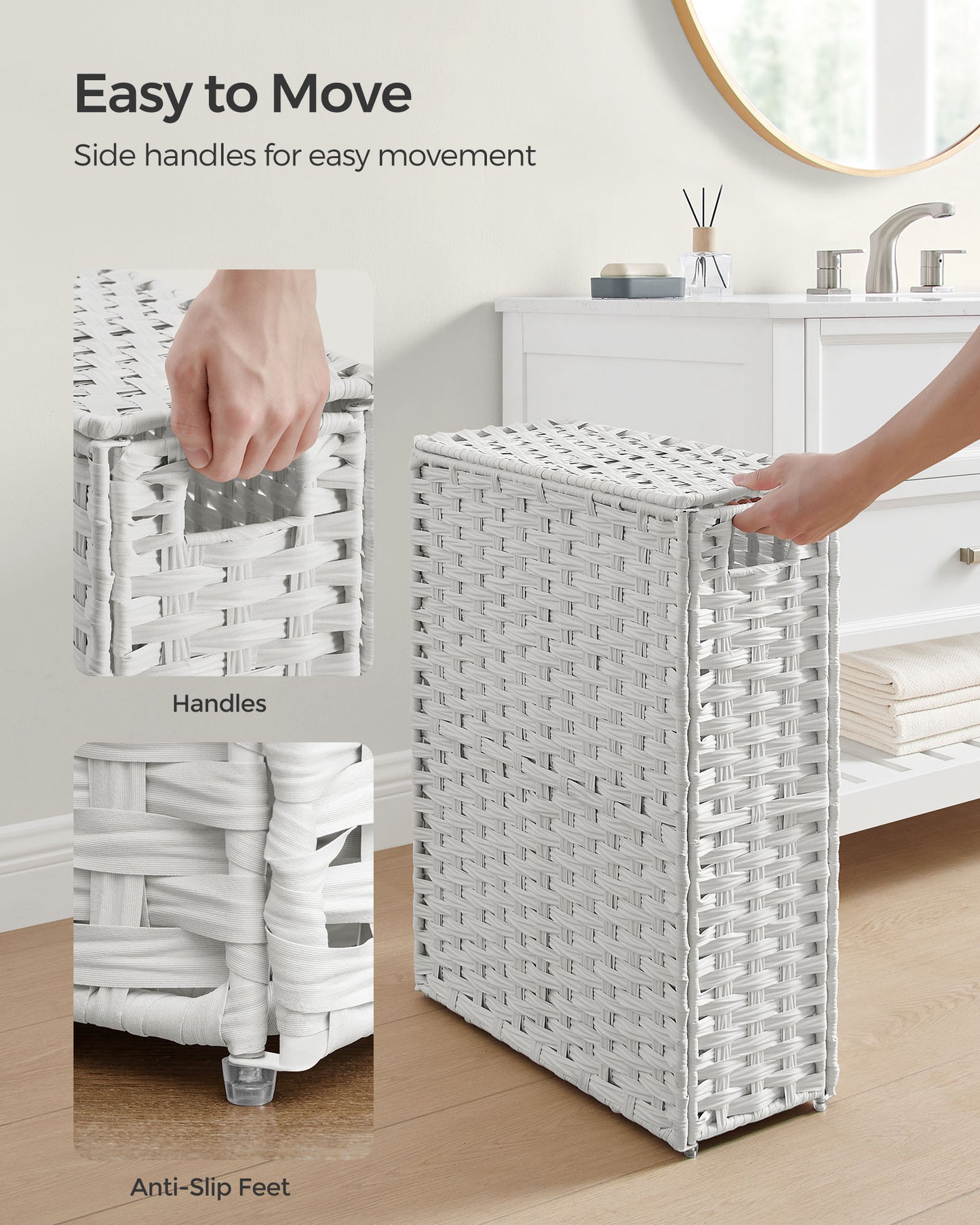 Slim Rattan Laundry Hamper with Lid and Handles, 14.5 Gallon (55L) - HWLEXTRA 