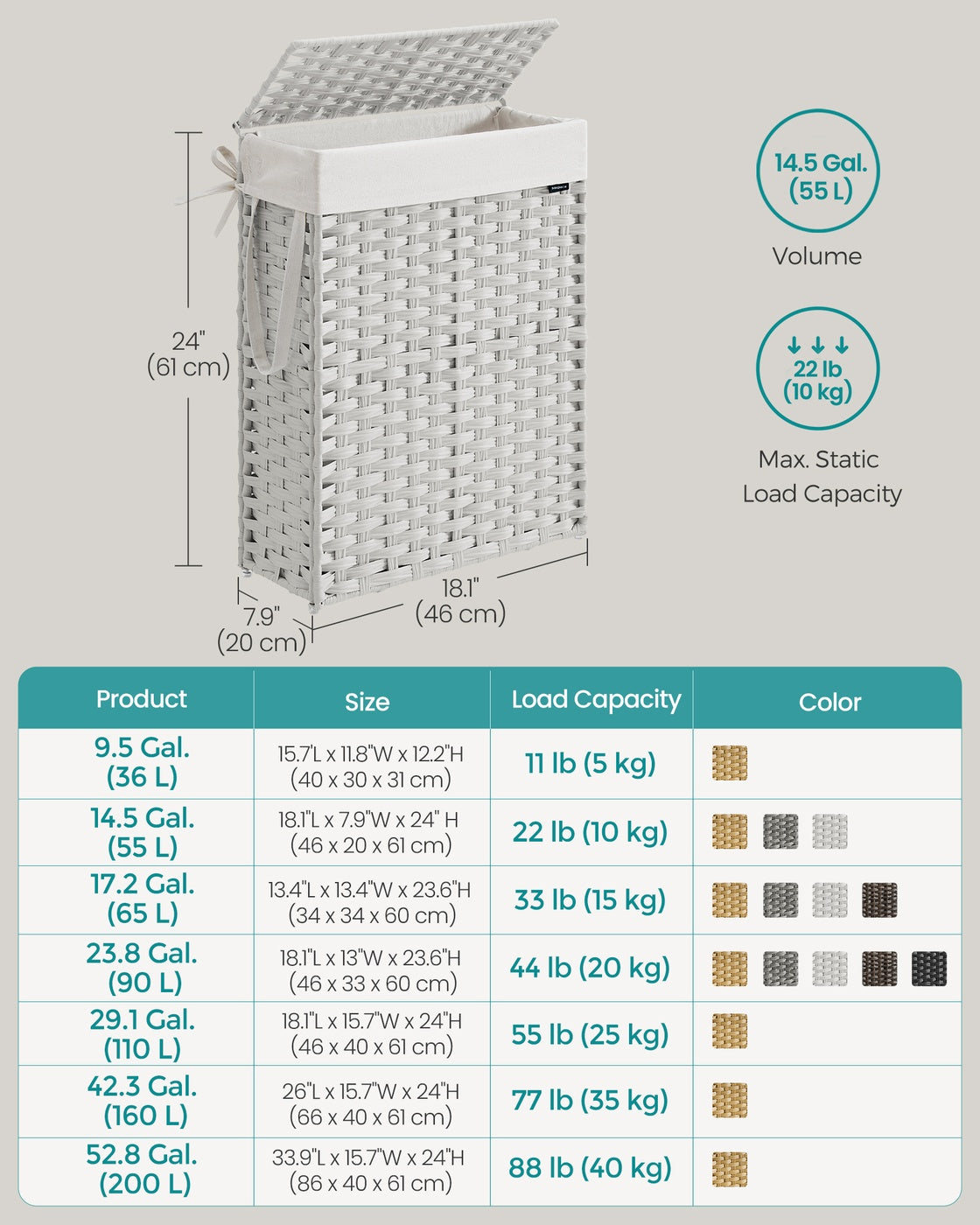 Slim Rattan Laundry Hamper with Lid and Handles, 14.5 Gallon (55L)