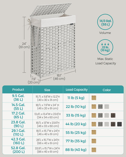 Slim Rattan Laundry Hamper with Lid and Handles, 14.5 Gallon (55L)