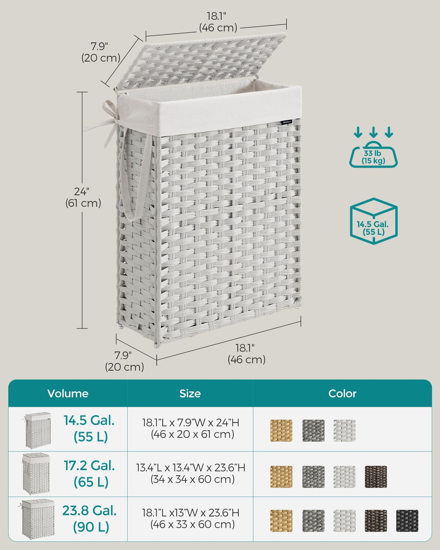 Slim Rattan Laundry Hamper with Lid and Handles, 14.5 Gallon (55L) - HWLEXTRA 