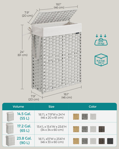 Slim Rattan Laundry Hamper with Lid and Handles, 14.5 Gallon (55L) - HWLEXTRA 