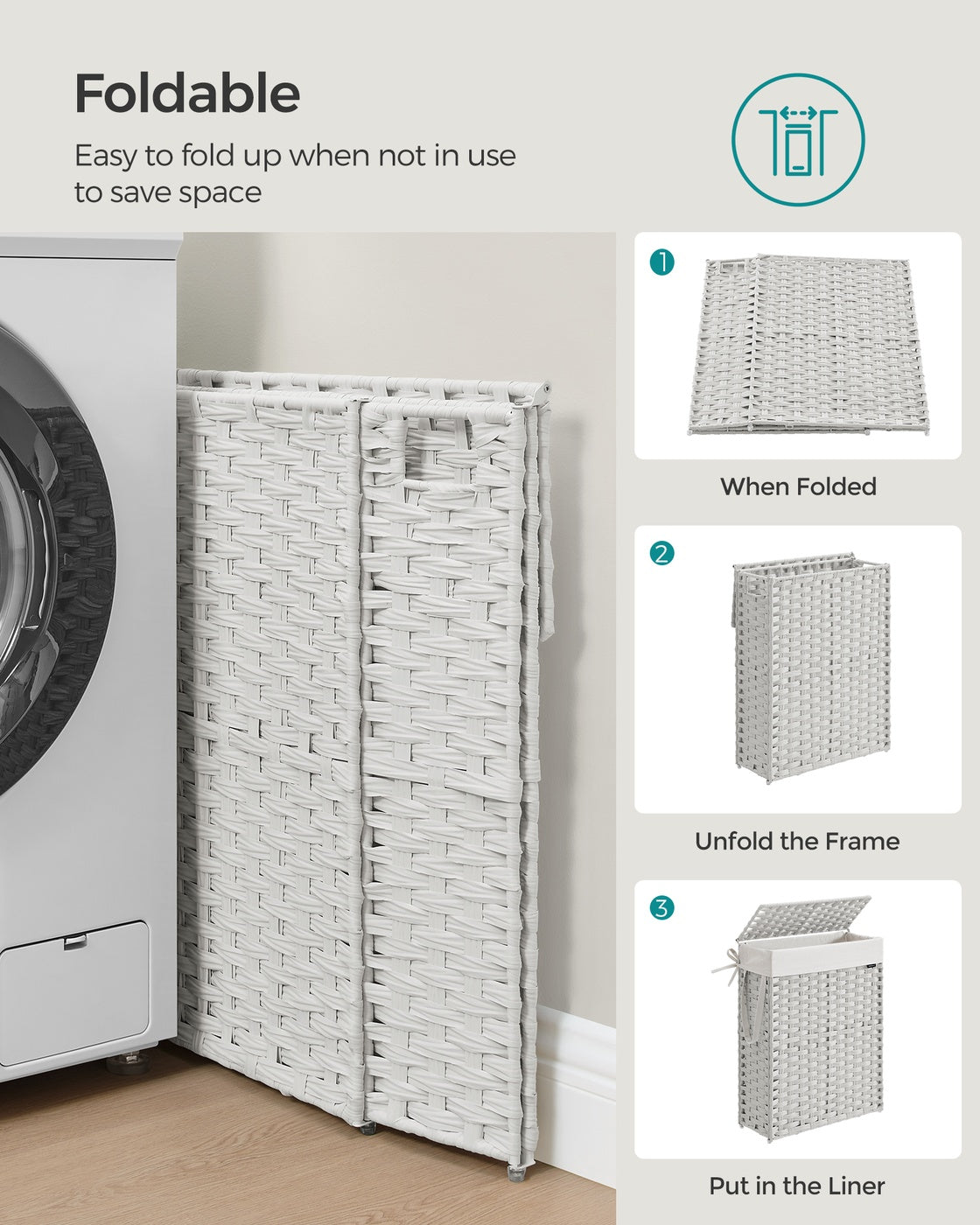 Slim Rattan Laundry Hamper with Lid and Handles, 14.5 Gallon (55L)