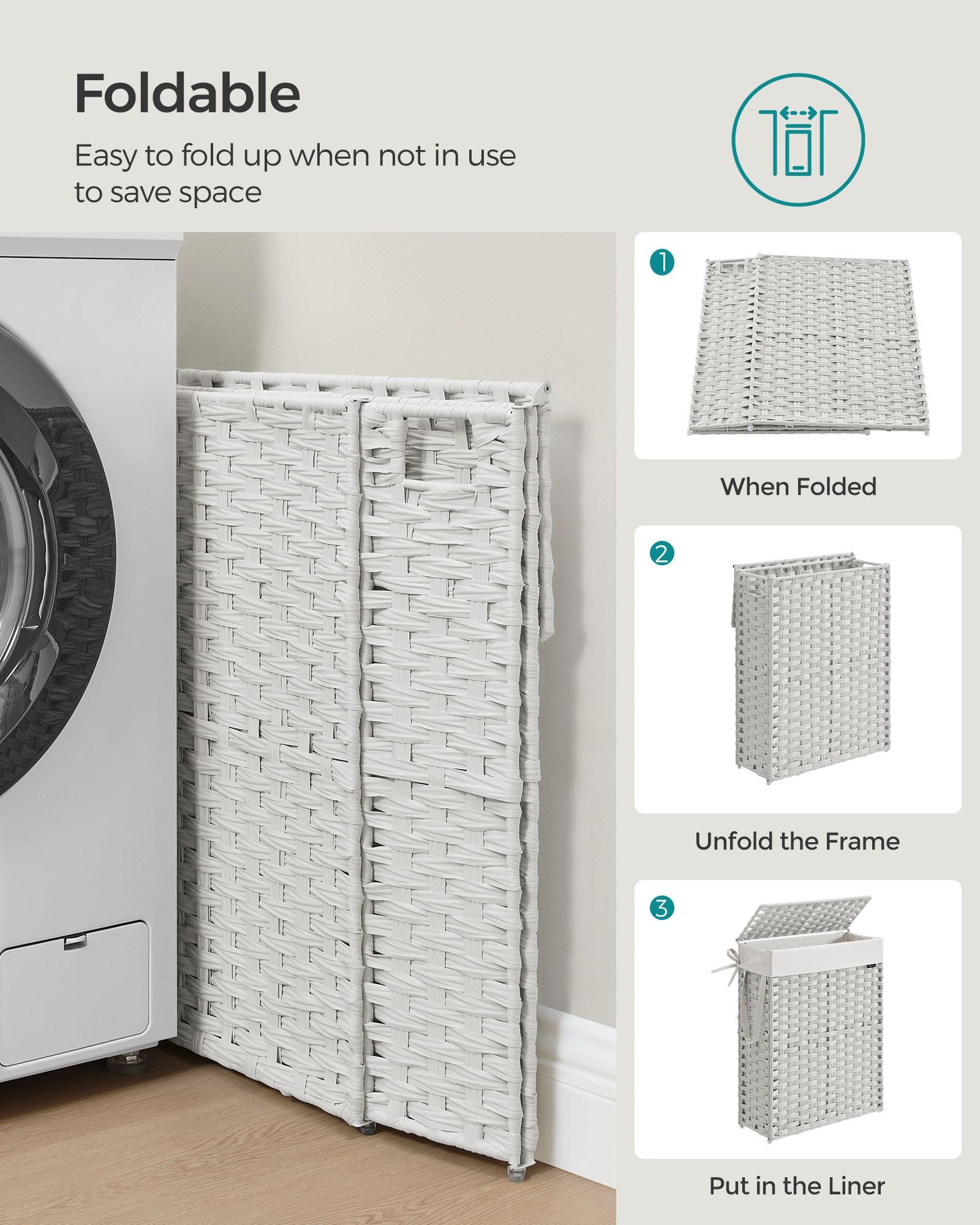 Slim Rattan Laundry Hamper with Lid and Handles, 14.5 Gallon (55L) - HWLEXTRA 