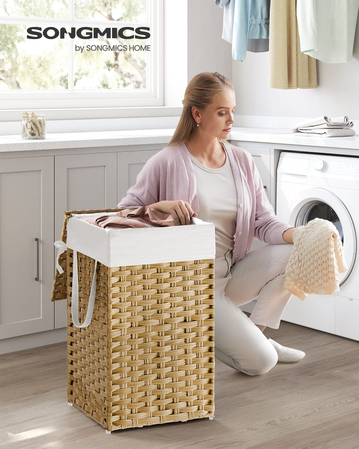 Slim Rattan Laundry Hamper with Lid and Handles, 14.5 Gallon (55L)