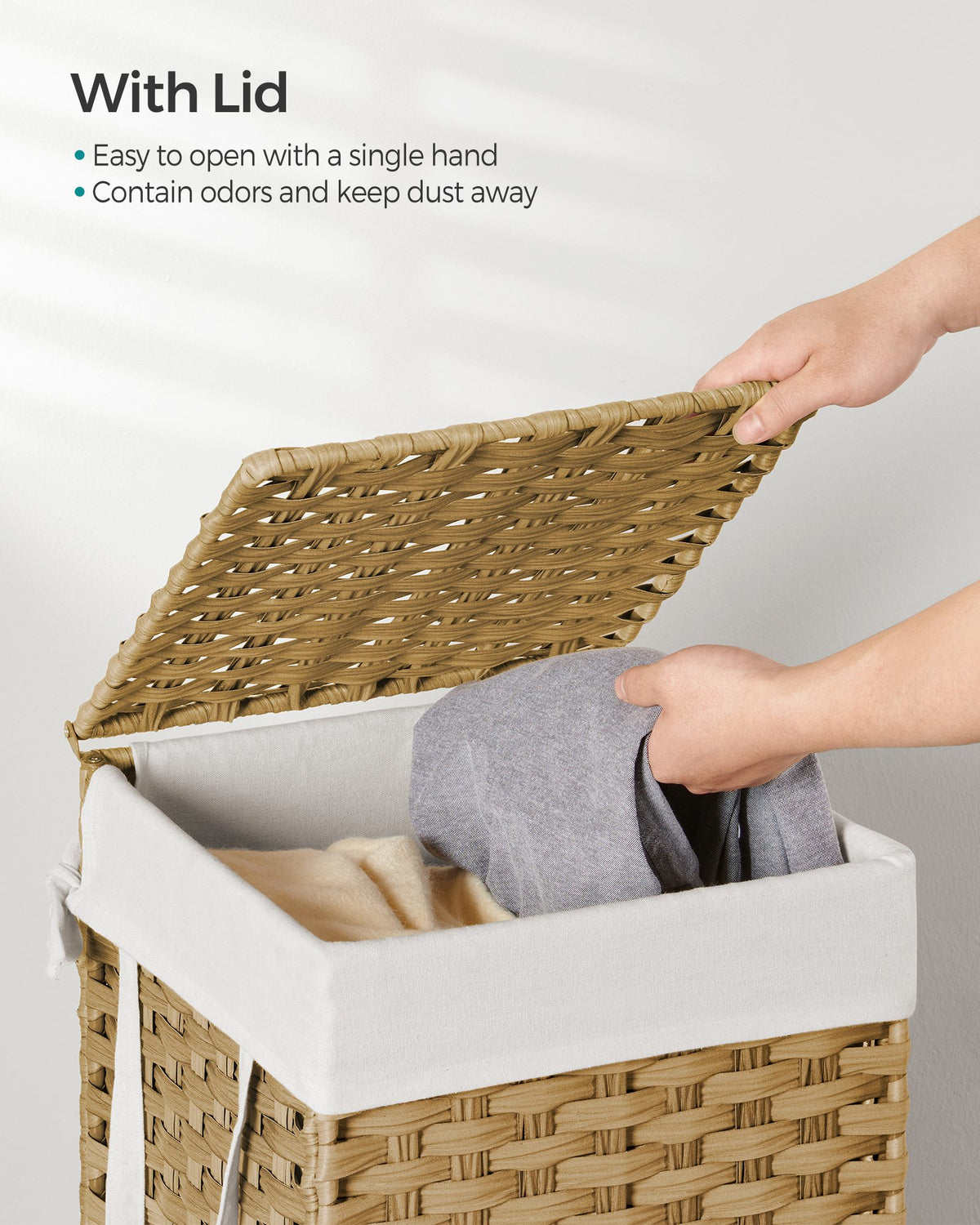Slim Rattan Laundry Hamper with Lid and Handles, 14.5 Gallon (55L)