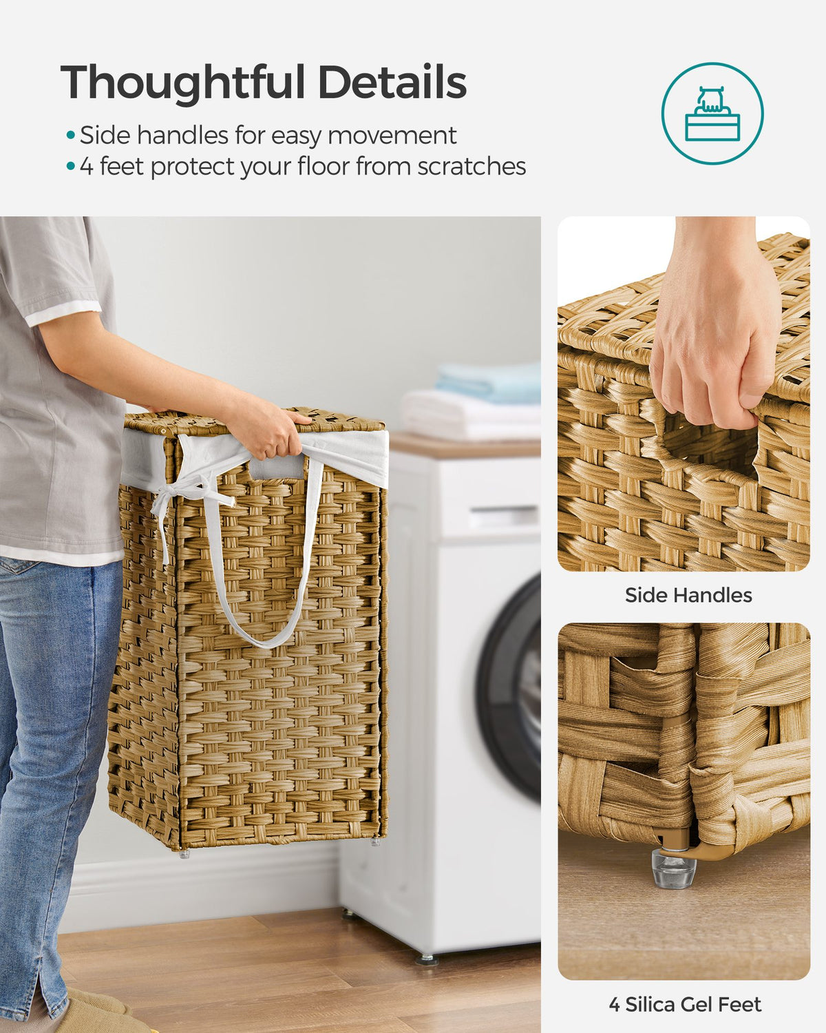 Slim Rattan Laundry Hamper with Lid and Handles, 14.5 Gallon (55L)