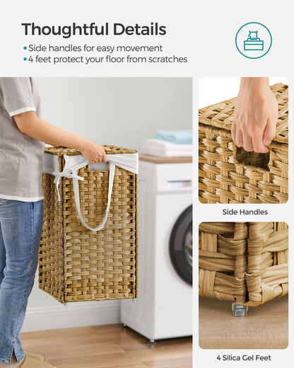 Slim Rattan Laundry Hamper with Lid and Handles, 14.5 Gallon (55L)