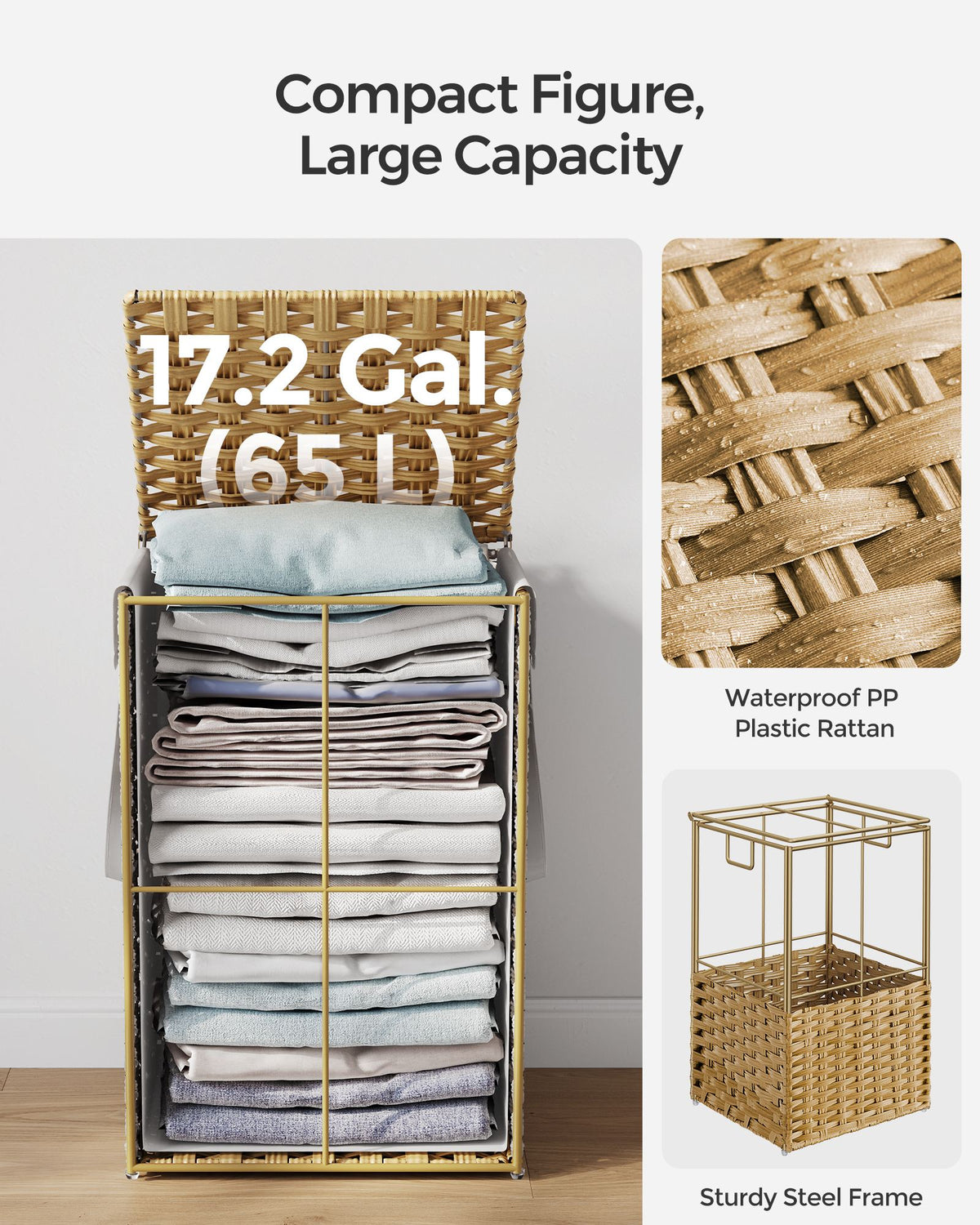Slim Rattan Laundry Hamper with Lid and Handles, 14.5 Gallon (55L)