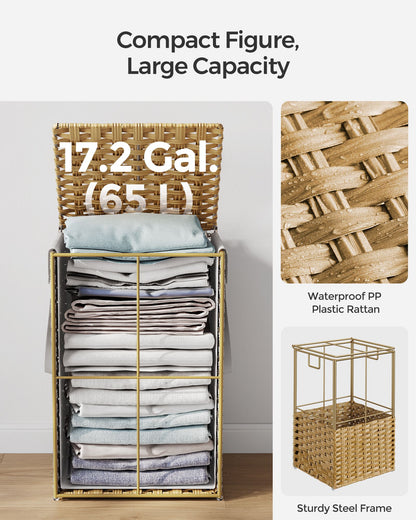 Slim Rattan Laundry Hamper with Lid and Handles, 14.5 Gallon (55L)