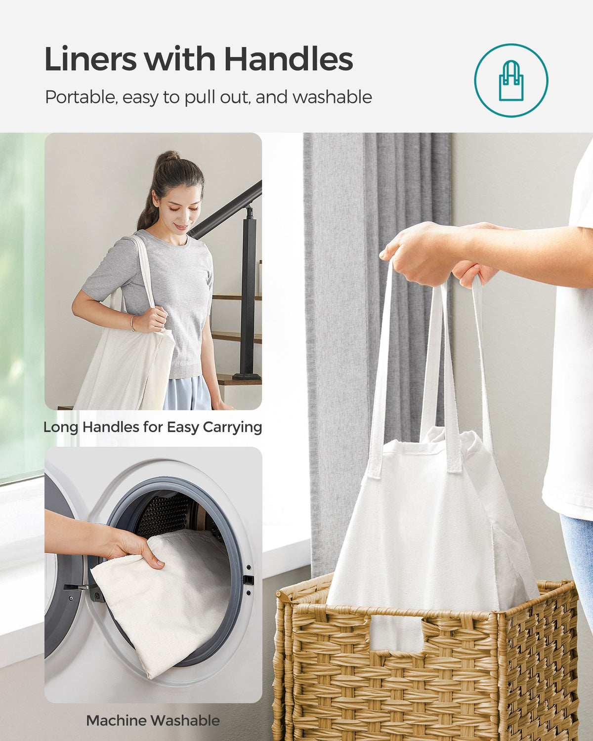 Slim Rattan Laundry Hamper with Lid and Handles, 14.5 Gallon (55L)