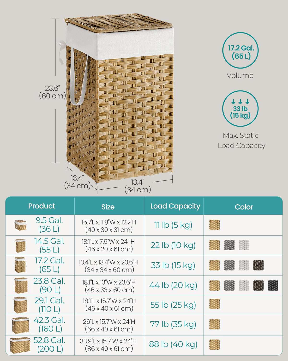Slim Rattan Laundry Hamper with Lid and Handles, 14.5 Gallon (55L)