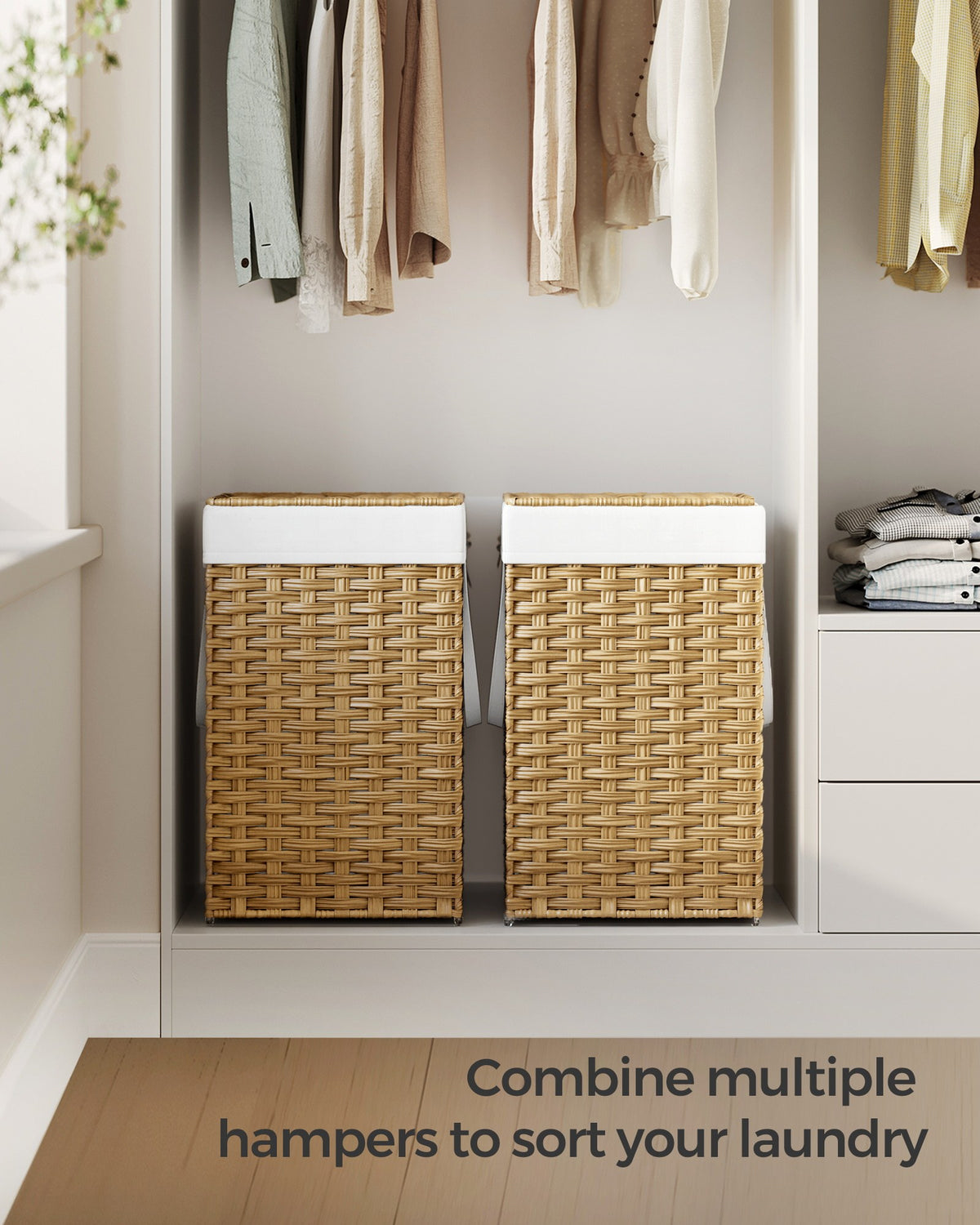 Slim Rattan Laundry Hamper with Lid and Handles, 14.5 Gallon (55L)