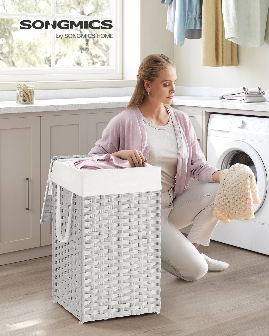 Slim Rattan Laundry Hamper with Lid and Handles, 14.5 Gallon (55L)