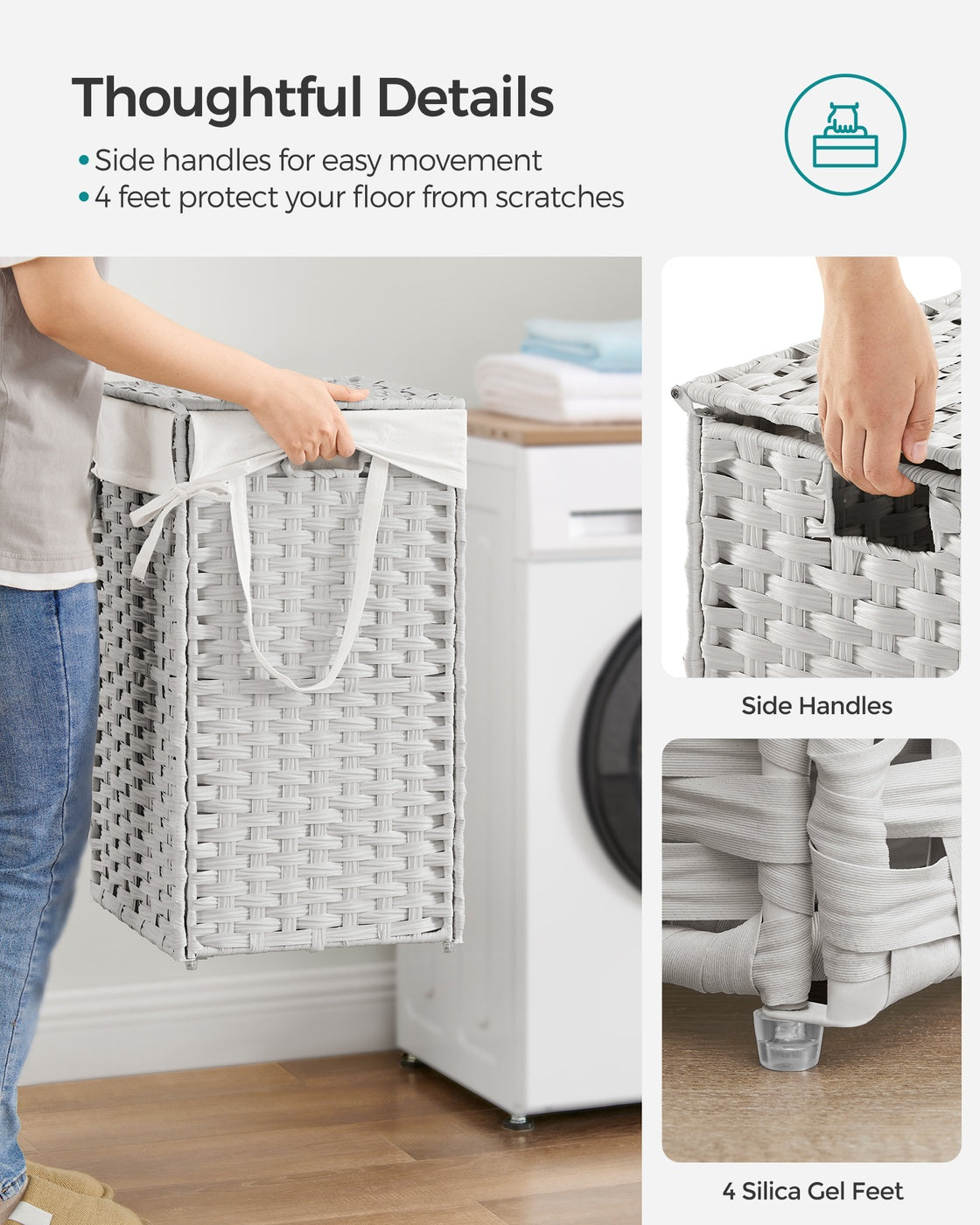 Slim Rattan Laundry Hamper with Lid and Handles, 14.5 Gallon (55L)