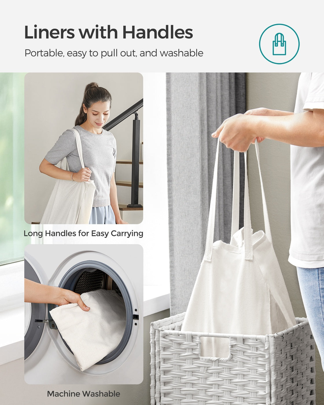 Slim Rattan Laundry Hamper with Lid and Handles, 14.5 Gallon (55L)