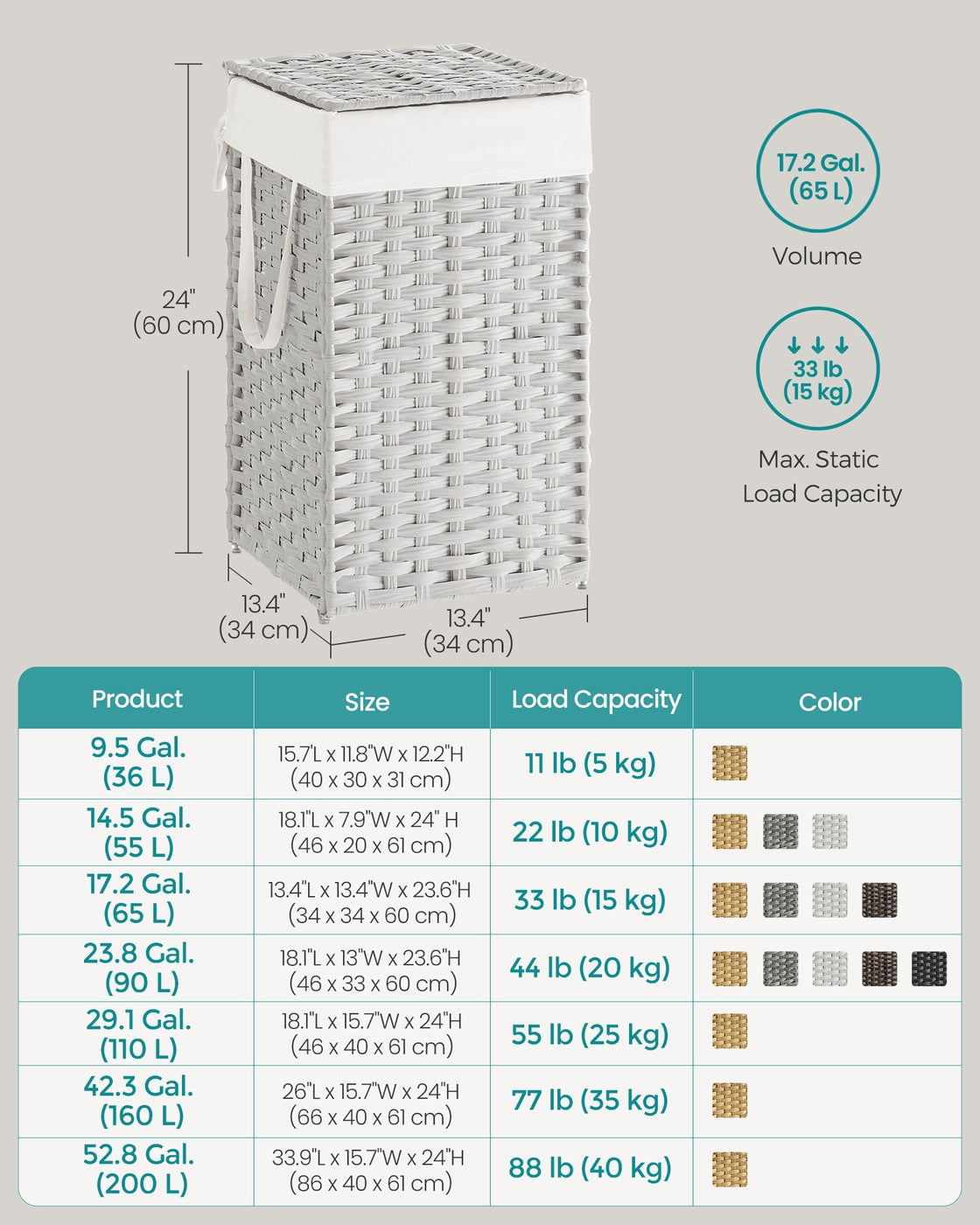 Slim Rattan Laundry Hamper with Lid and Handles, 14.5 Gallon (55L)