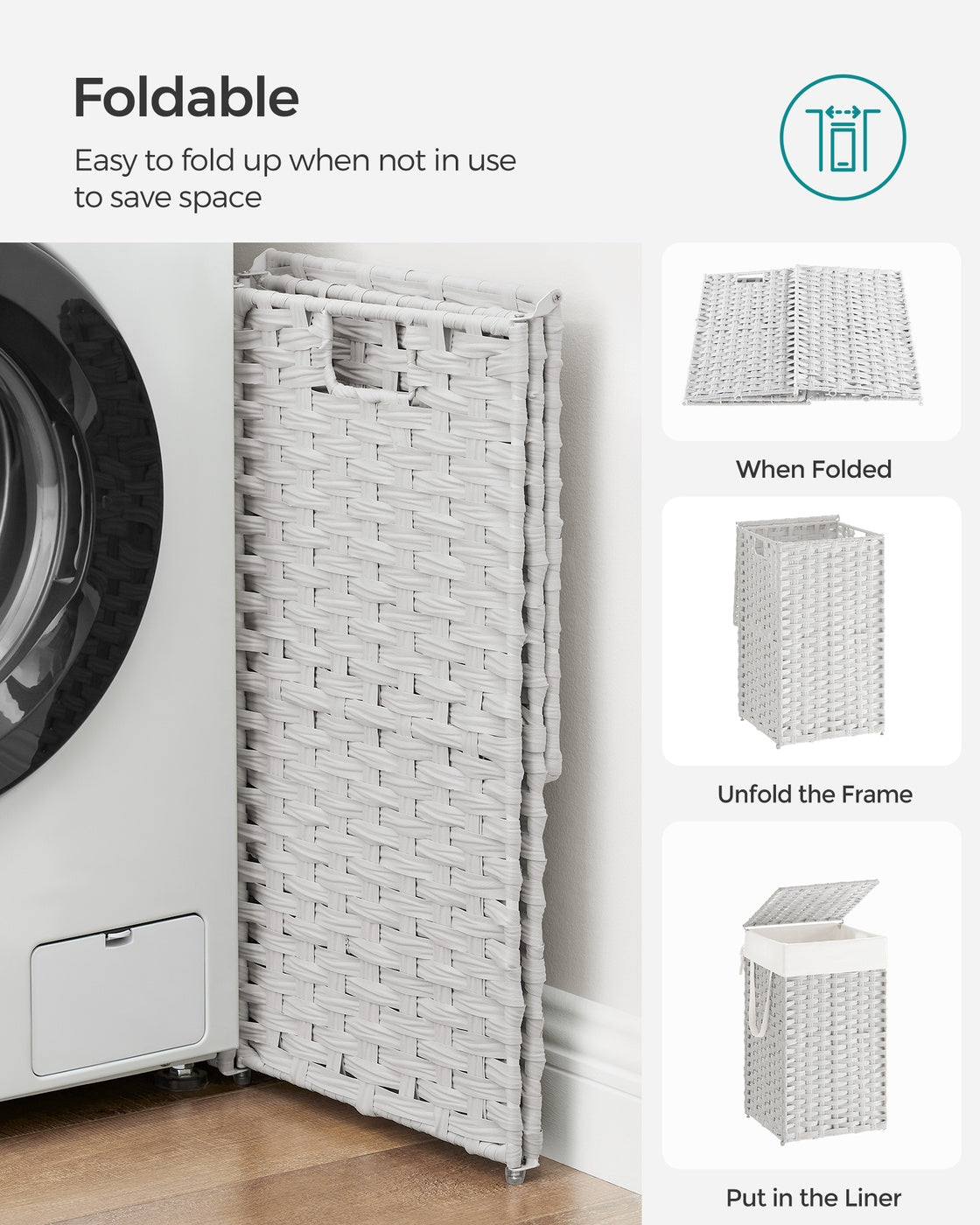 Slim Rattan Laundry Hamper with Lid and Handles, 14.5 Gallon (55L)