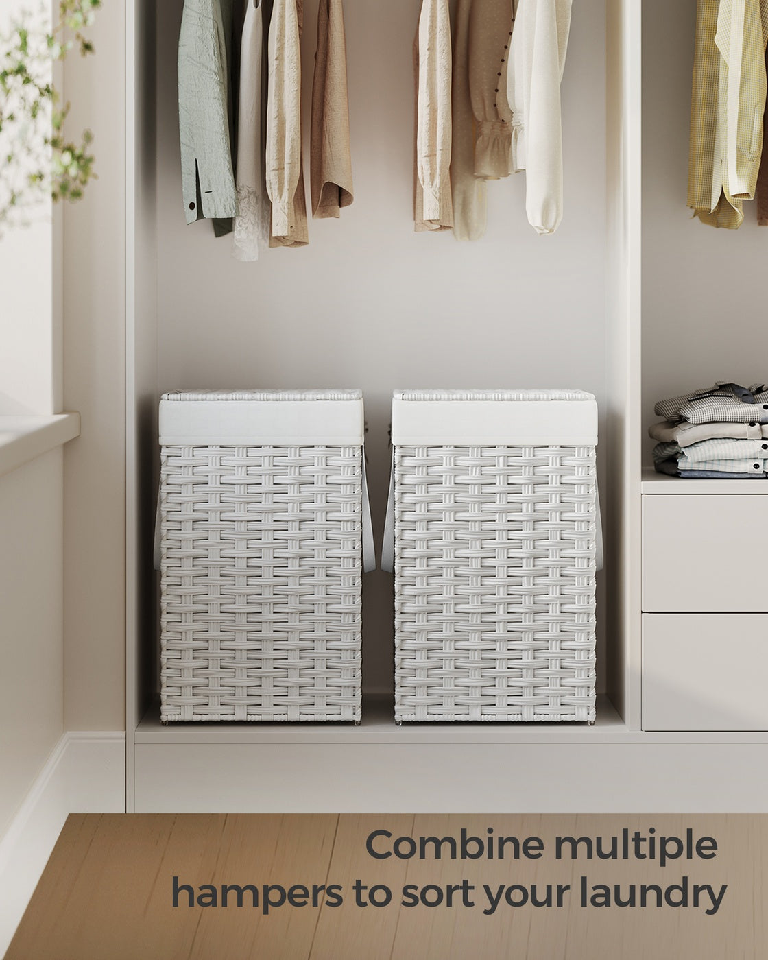Slim Rattan Laundry Hamper with Lid and Handles, 14.5 Gallon (55L)