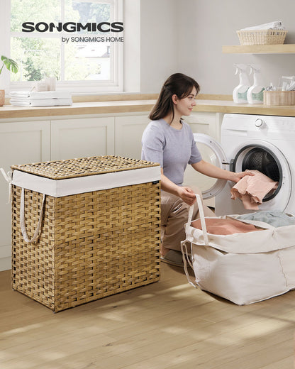Slim Rattan Laundry Hamper with Lid and Handles, 14.5 Gallon (55L)