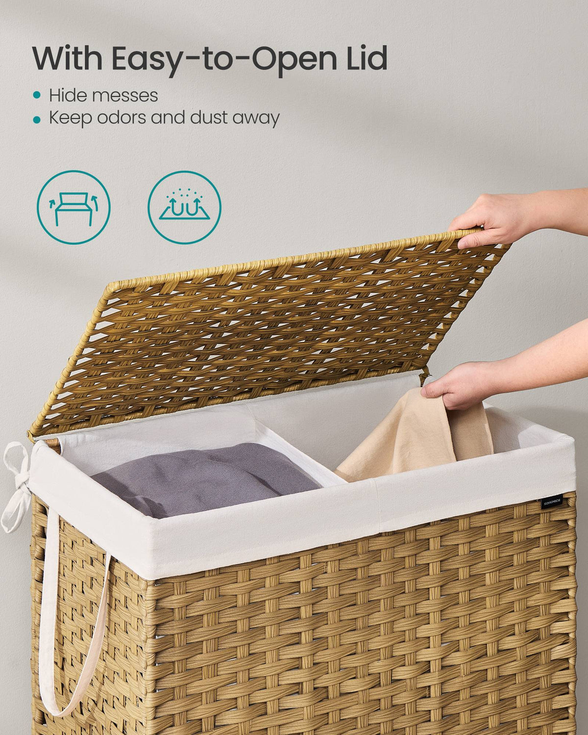 Slim Rattan Laundry Hamper with Lid and Handles, 14.5 Gallon (55L)