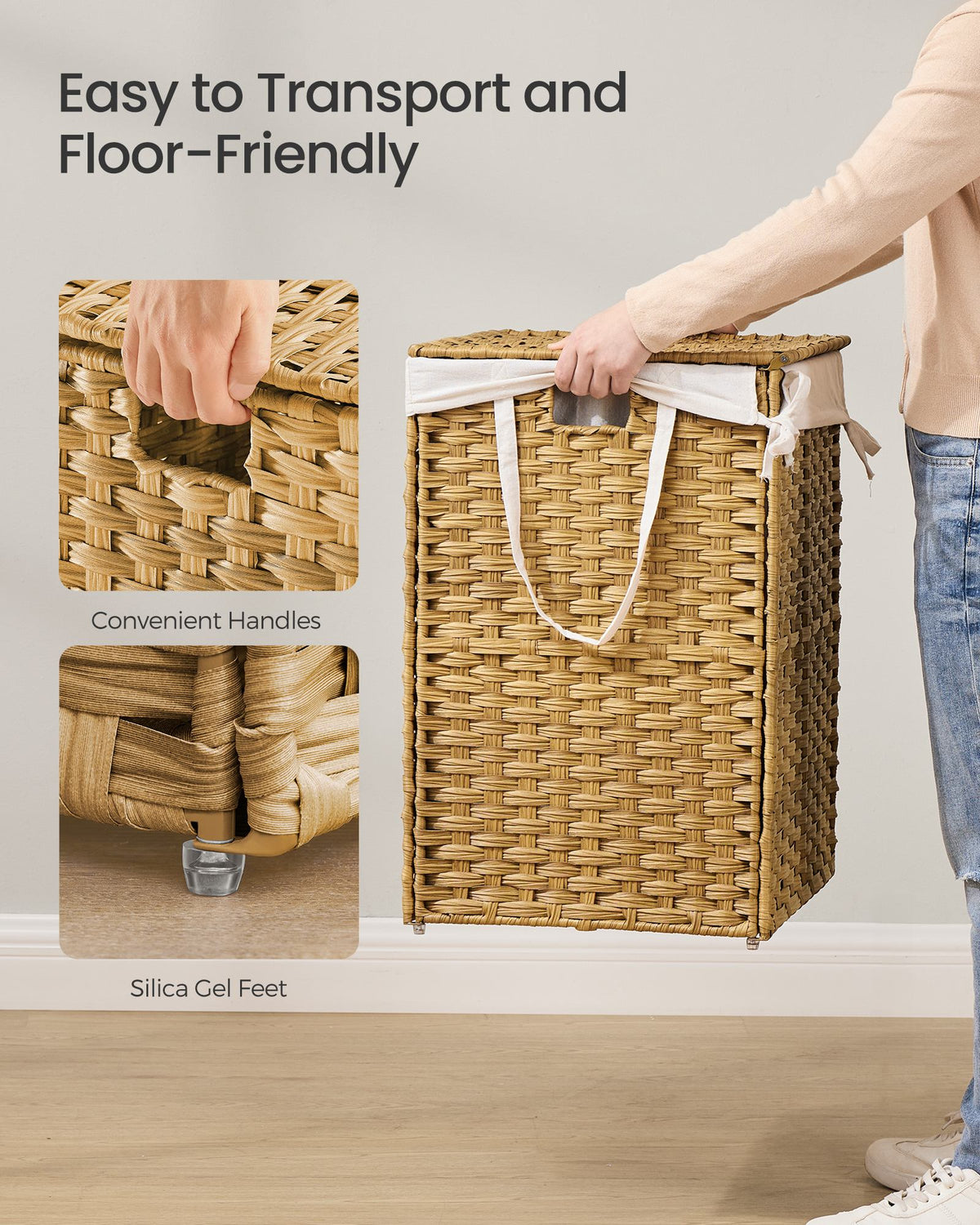 Slim Rattan Laundry Hamper with Lid and Handles, 14.5 Gallon (55L)