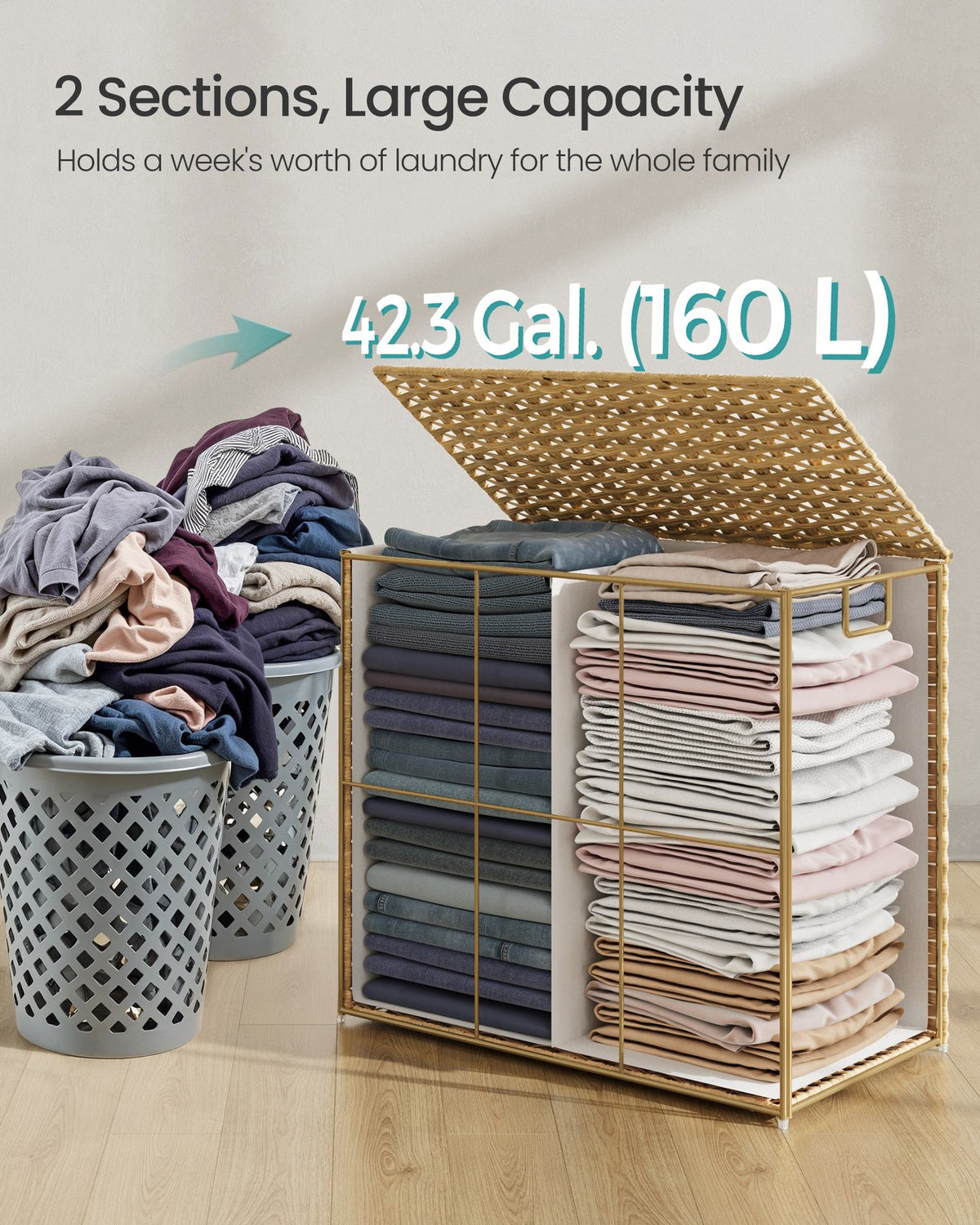 Slim Rattan Laundry Hamper with Lid and Handles, 14.5 Gallon (55L)