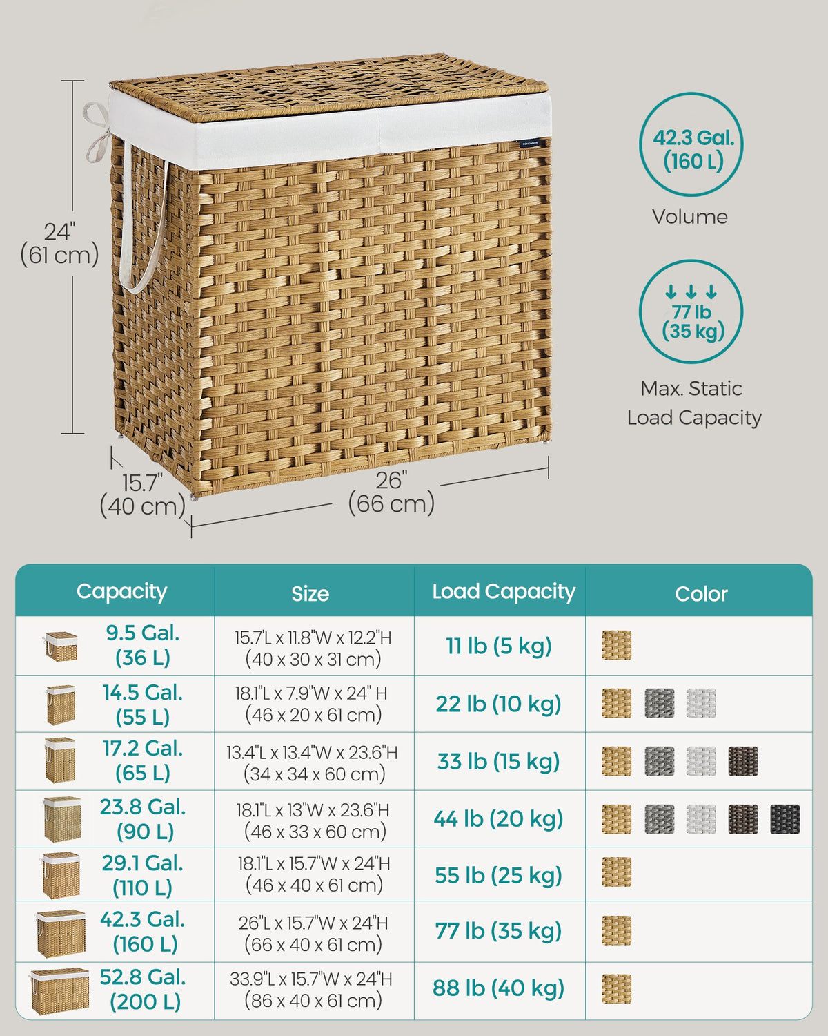 Slim Rattan Laundry Hamper with Lid and Handles, 14.5 Gallon (55L)