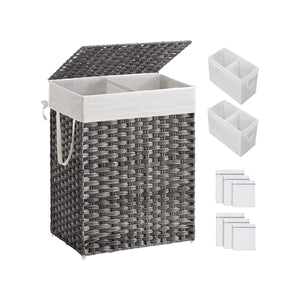 Laundry Hamper with Lid, 90L Clothes Hamper with 2 Removable Liner Bags, 6 Mesh Bags, Wicker Laundry Basket, Double Laundry Hamper for Bathroom, 13 x 18.1 x 23.6 Inches, Gray