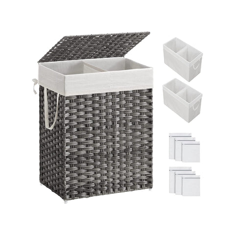 Laundry Hamper with Lid, 90L Clothes Hamper with 2 Removable Liner Bags, 6 Mesh Bags, Wicker Laundry Basket, Double Laundry Hamper for Bathroom, 13 x 18.1 x 23.6 Inches, Gray