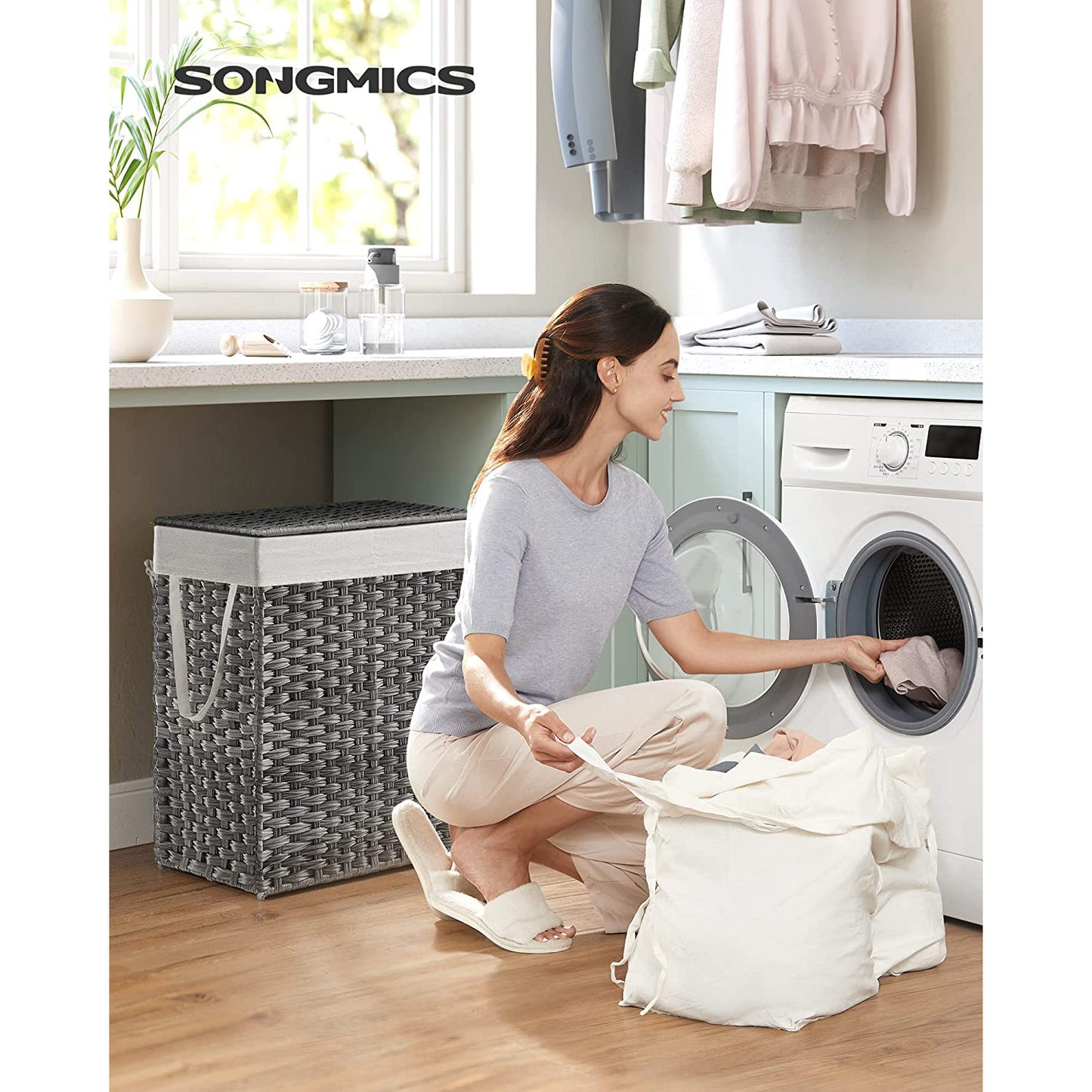 Laundry Hamper with Lid, 90L Clothes Hamper with 2 Removable Liner Bags, 6 Mesh Bags, Wicker Laundry Basket, Double Laundry Hamper for Bathroom, 13 x 18.1 x 23.6 Inches, Gray