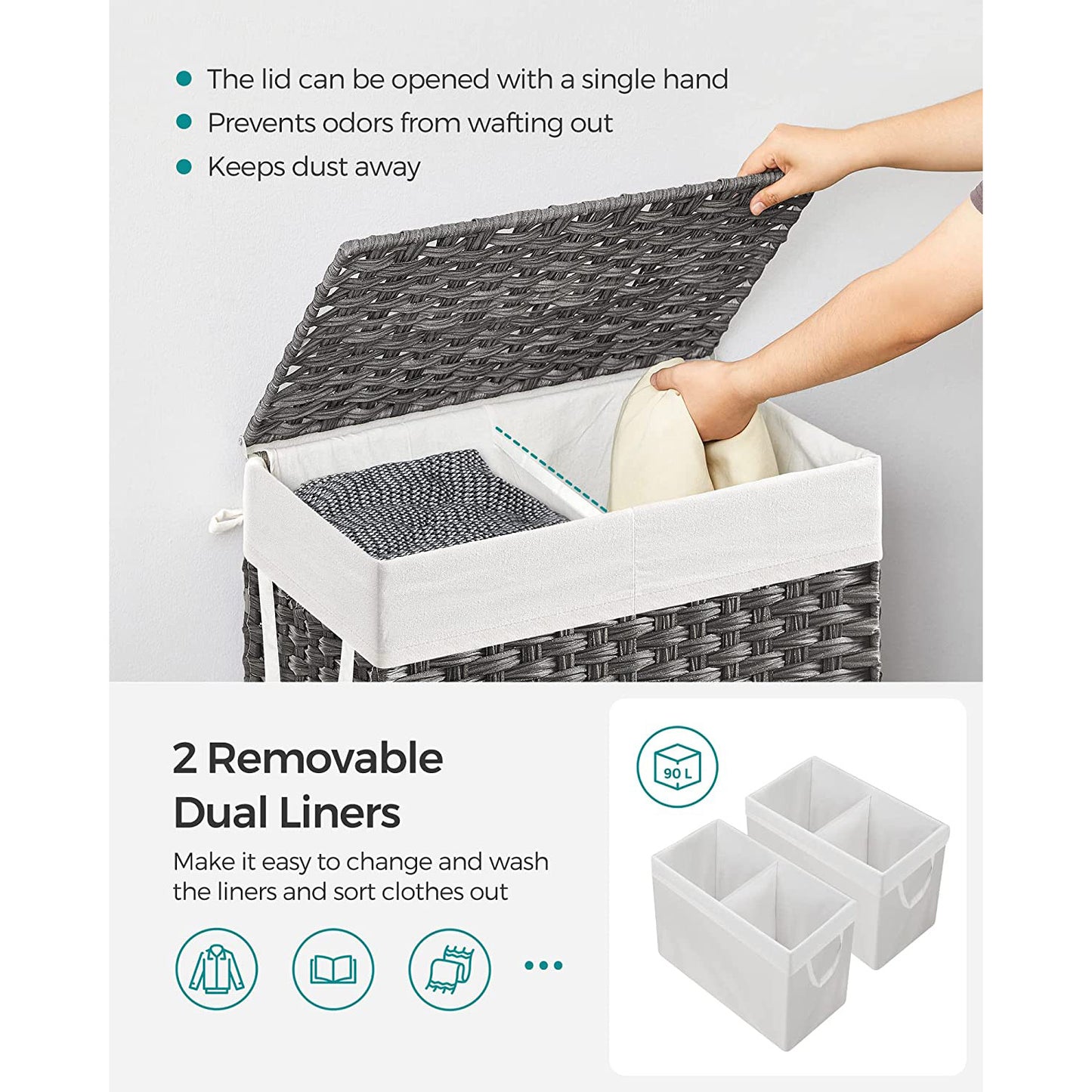 Laundry Hamper with Lid, 90L Clothes Hamper with 2 Removable Liner Bags, 6 Mesh Bags, Wicker Laundry Basket, Double Laundry Hamper for Bathroom, 13 x 18.1 x 23.6 Inches, Gray