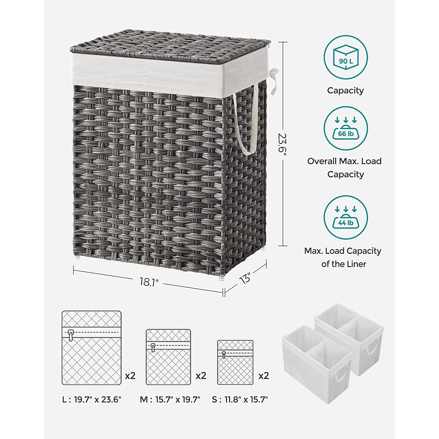 Laundry Hamper with Lid, 90L Clothes Hamper with 2 Removable Liner Bags, 6 Mesh Bags, Wicker Laundry Basket, Double Laundry Hamper for Bathroom, 13 x 18.1 x 23.6 Inches, Gray