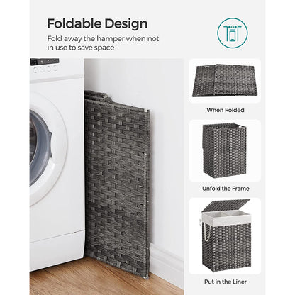 Laundry Hamper with Lid, 90L Clothes Hamper with 2 Removable Liner Bags, 6 Mesh Bags, Wicker Laundry Basket, Double Laundry Hamper for Bathroom, 13 x 18.1 x 23.6 Inches, Gray