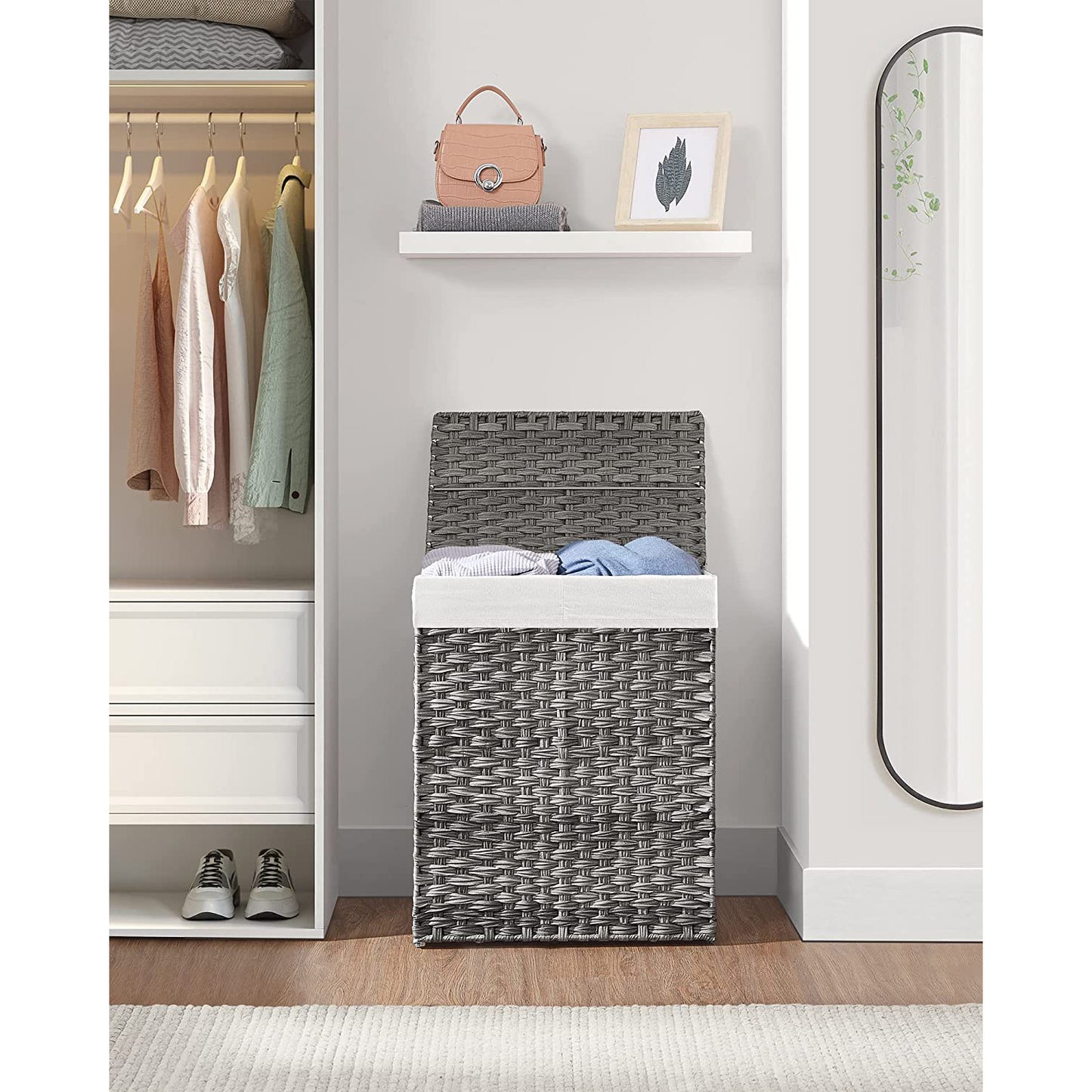 Laundry Hamper with Lid, 90L Clothes Hamper with 2 Removable Liner Bags, 6 Mesh Bags, Wicker Laundry Basket, Double Laundry Hamper for Bathroom, 13 x 18.1 x 23.6 Inches, Gray