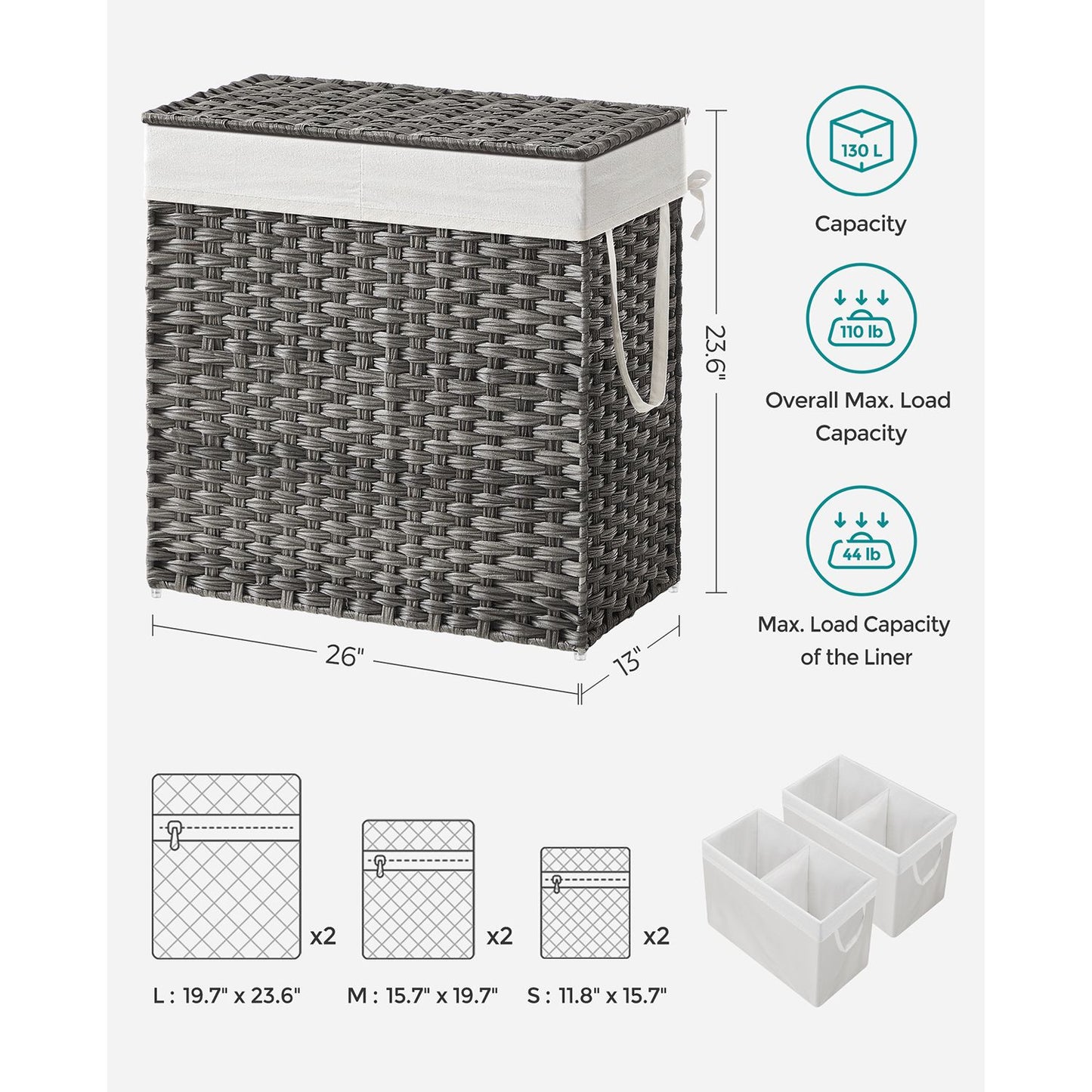 130L Clothes Hamper with 2 Removable Liner Bags