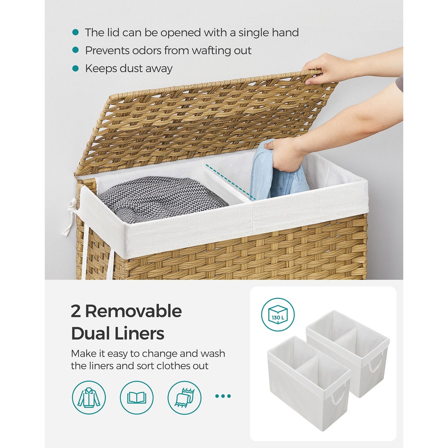 130L Clothes Hamper with 2 Removable Liner Bags