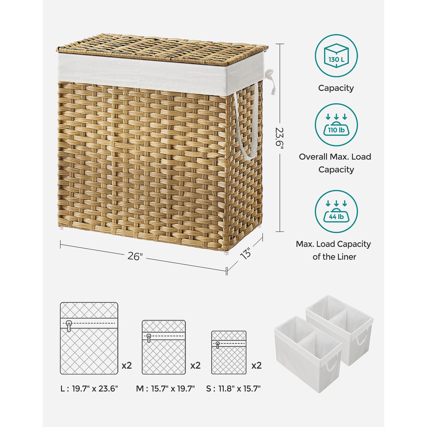 130L Clothes Hamper with 2 Removable Liner Bags