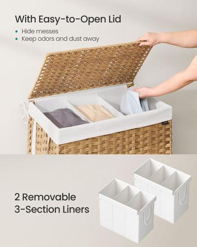 Laundry Hamper with Lid, 160 L Clothes Hamper with 2 Removable Liner Bags, 6 Mesh Bags, Wicker Laundry Basket, Double Laundry Hamper for Bathroom, 26 x 15.7 x 24 Inches, Natural ULCB316Y01