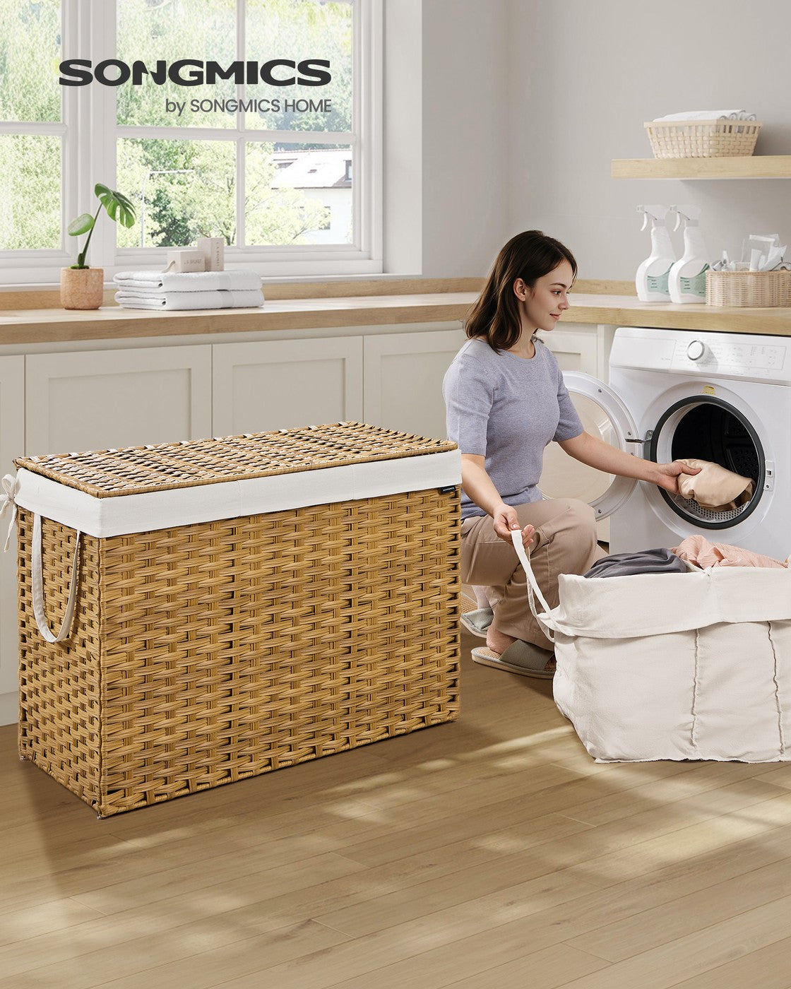 Slim Rattan Laundry Hamper with Lid and Handles, 14.5 Gallon (55L)