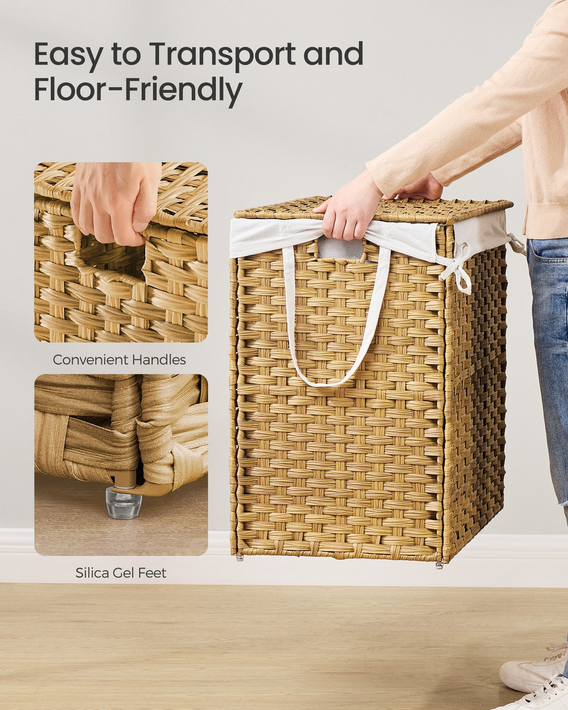 Slim Rattan Laundry Hamper with Lid and Handles, 14.5 Gallon (55L)