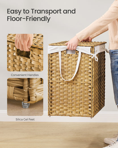 Slim Rattan Laundry Hamper with Lid and Handles, 14.5 Gallon (55L)