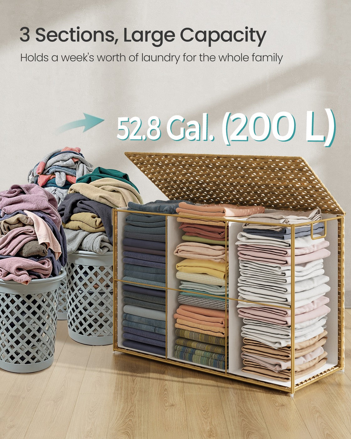 Slim Rattan Laundry Hamper with Lid and Handles, 14.5 Gallon (55L)