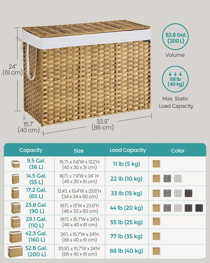 Slim Rattan Laundry Hamper with Lid and Handles, 14.5 Gallon (55L)