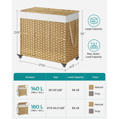160L Rolling Laundry Basket with Wheels - HWLEXTRA 