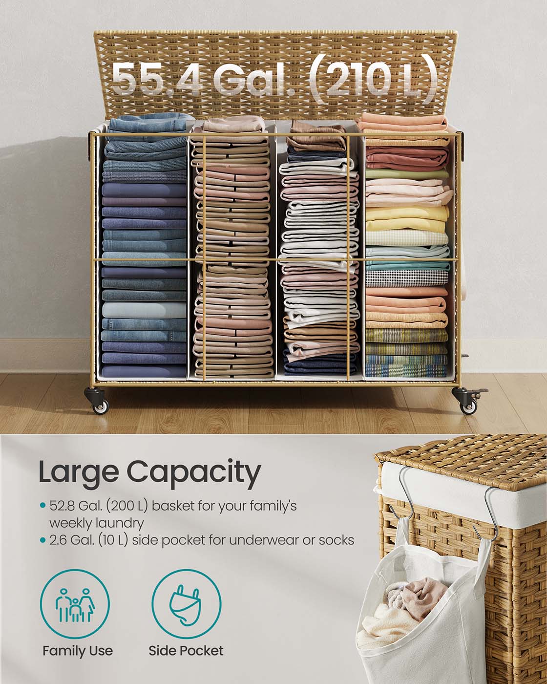210L Rollling Laundry Hamper with Lid