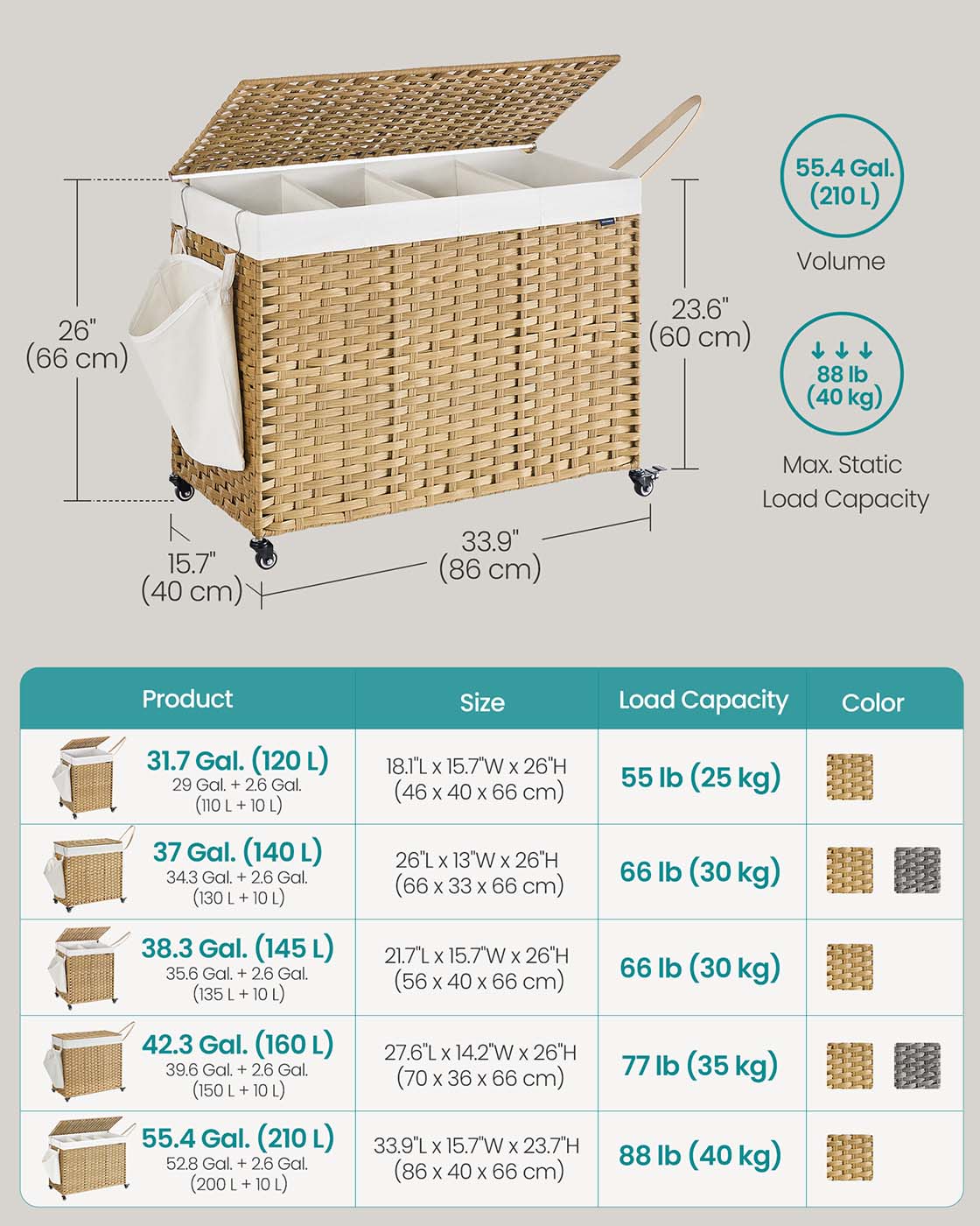 210L Rollling Laundry Hamper with Lid