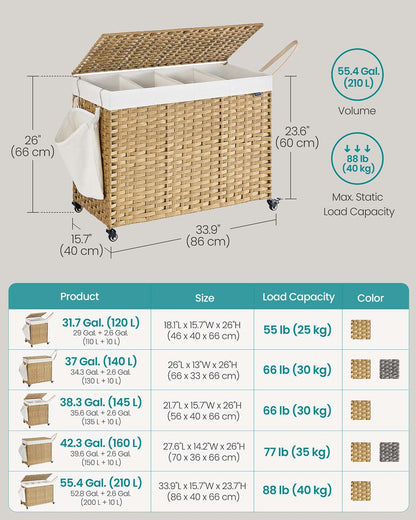 210L Rollling Laundry Hamper with Lid