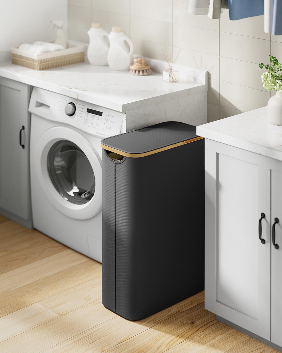 Laundry Basket with Lid 65L Space-Saving 42 x 22.5 x 70.5 cm Ink Black - image 2