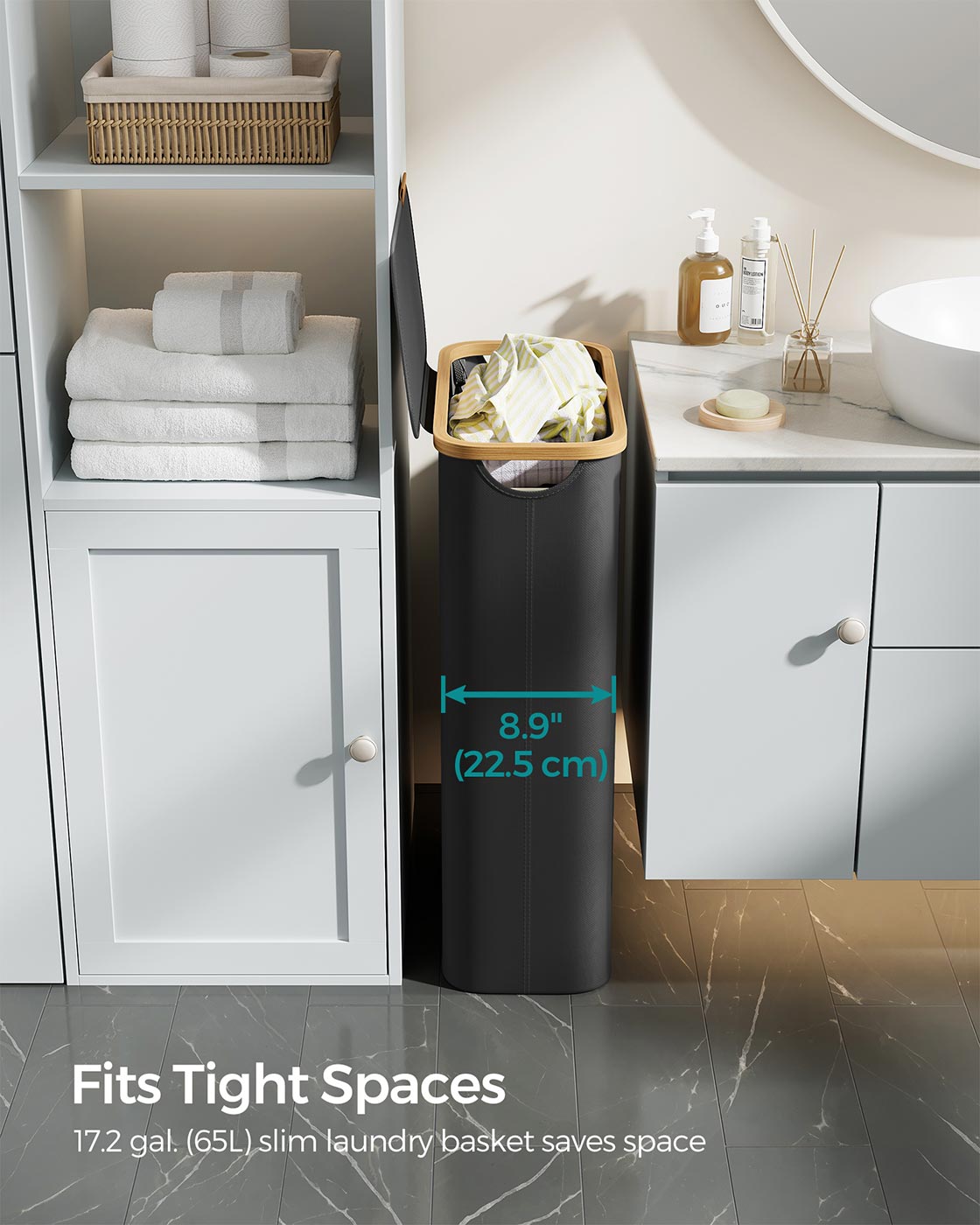 Laundry Basket with Lid 65L Space-Saving 42 x 22.5 x 70.5 cm Ink Black - image 3