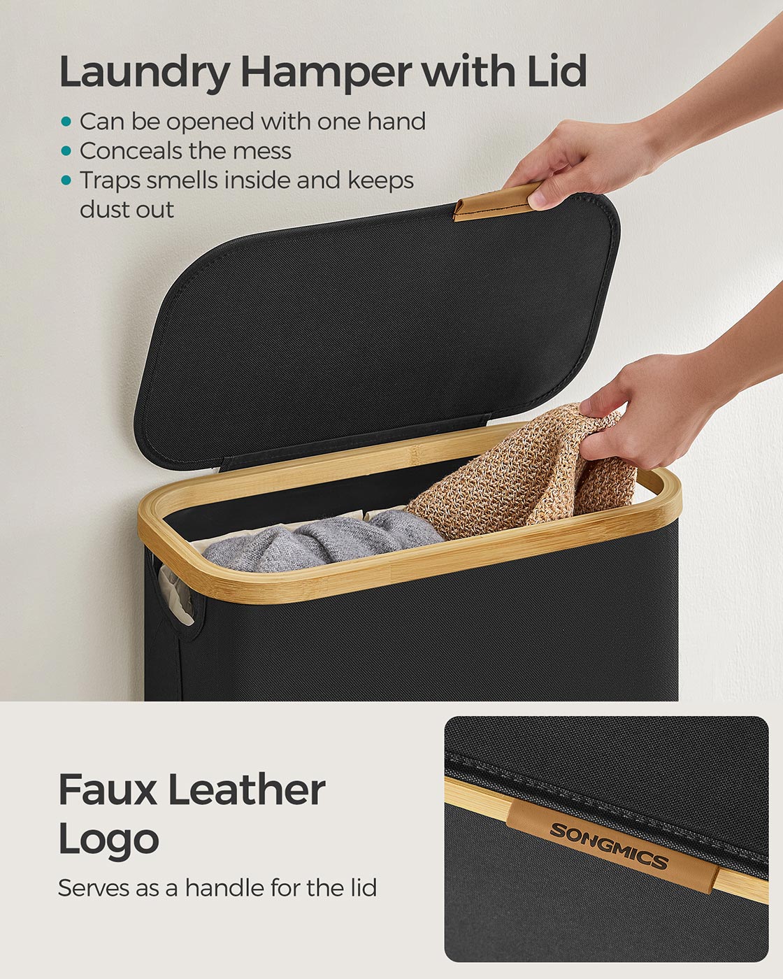 Laundry Basket with Lid 65L Space-Saving 42 x 22.5 x 70.5 cm Ink Black - image 4